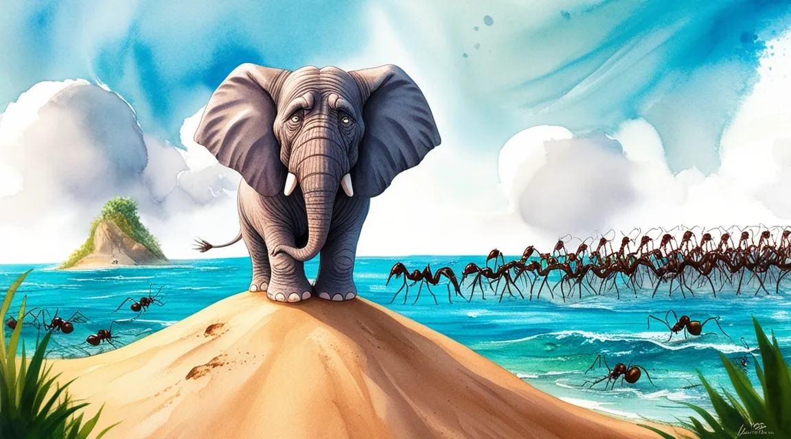  3d cartoon animation a painting of an elephant standing on top of a sand dune