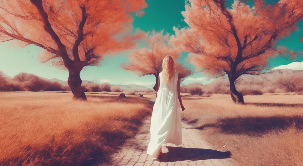 a woman in a white dress is walking through a field