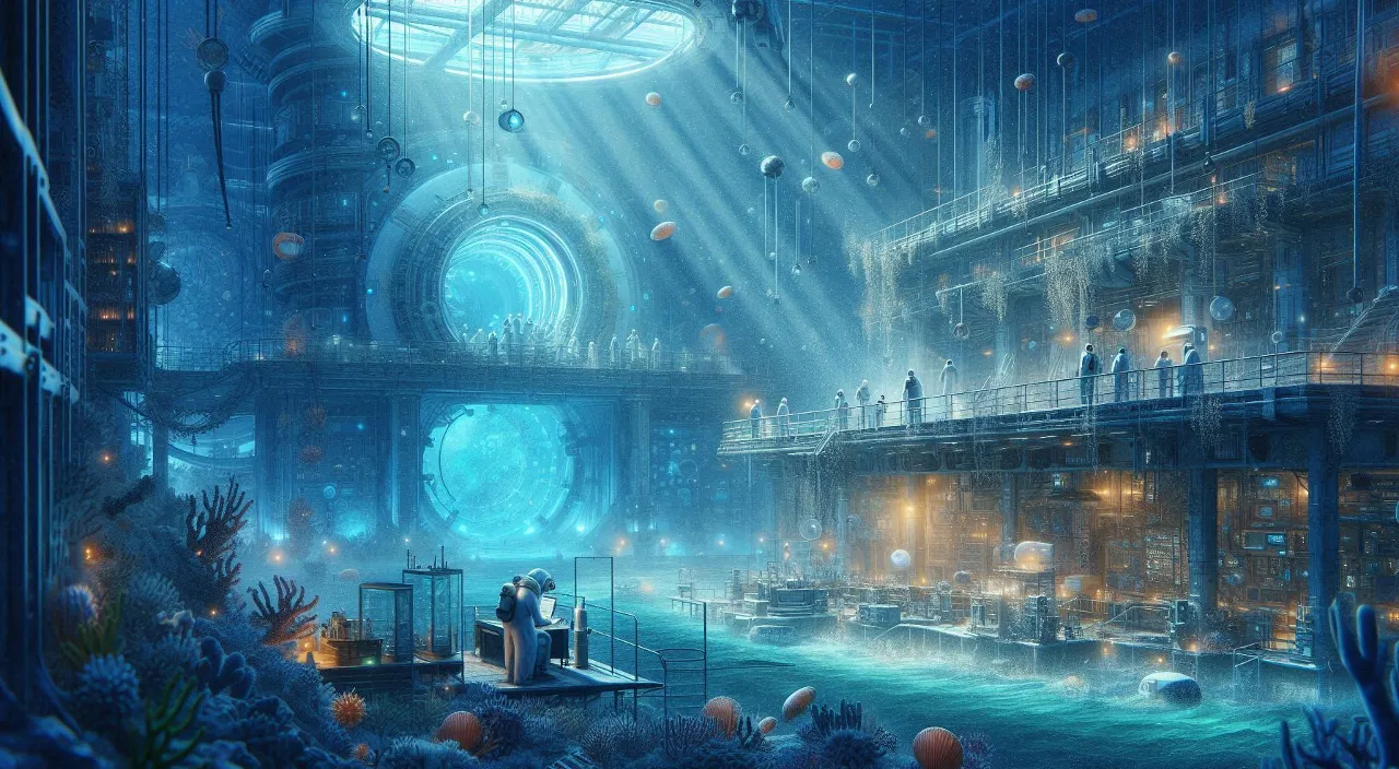 a painting of a man and a child standing in an underwater city