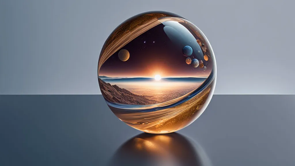 a glass sphere with a sunset in the background, displace planets