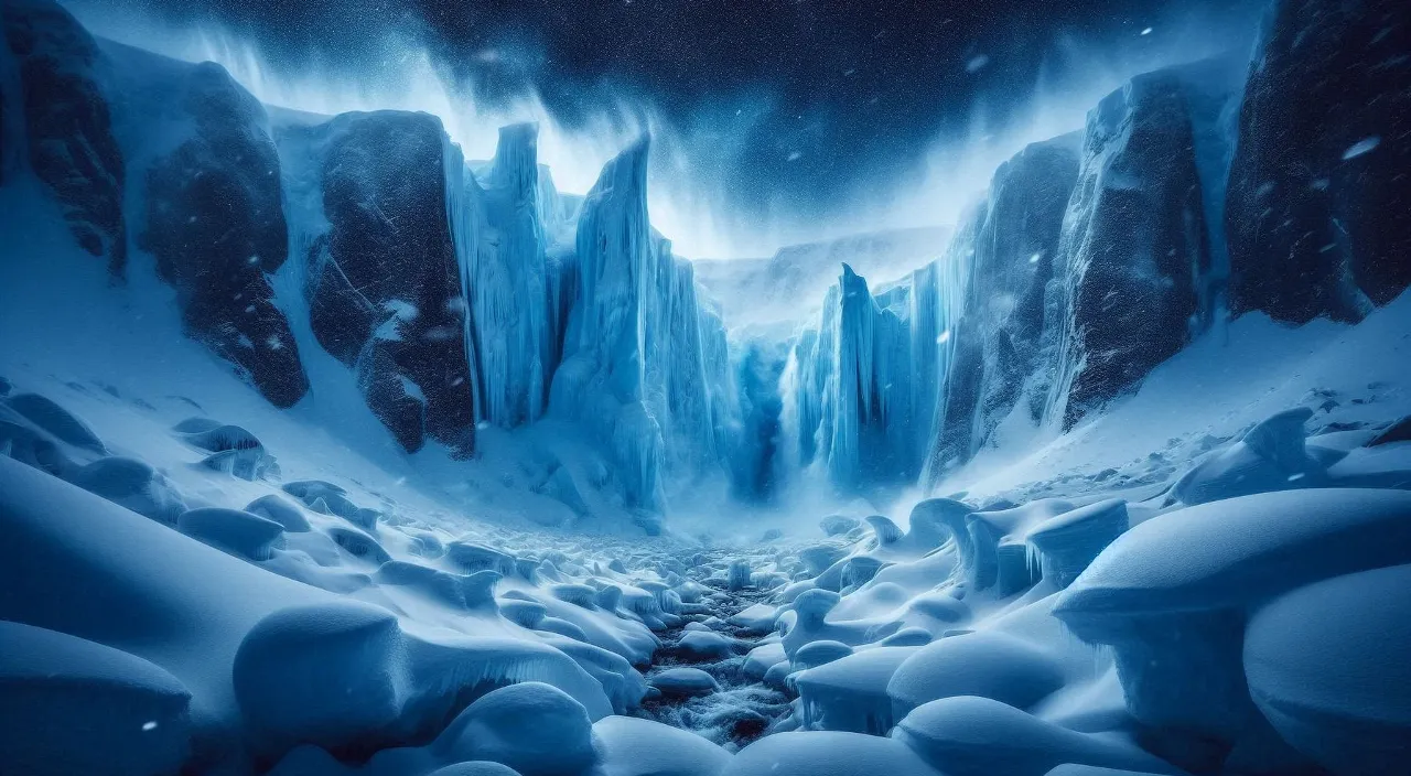 a snowy landscape with ice formations and a stream running through it and snowfall