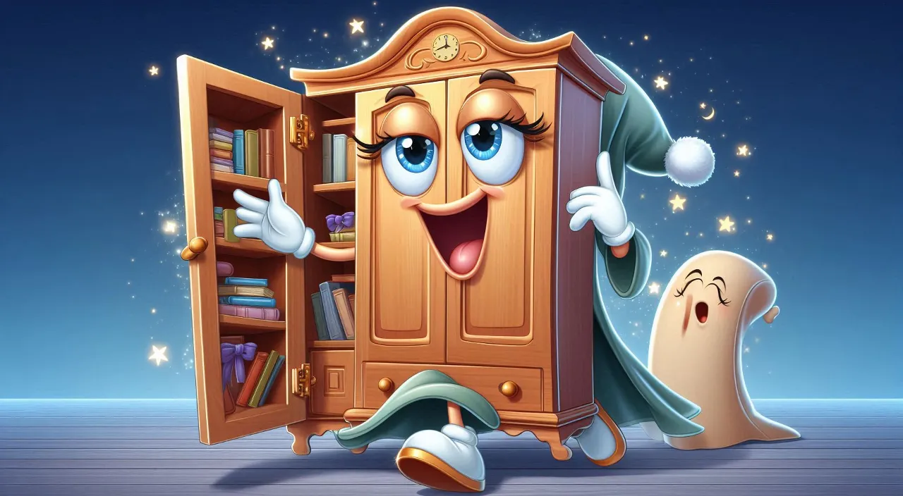 a cartoon bookcase with a ghost coming out of it