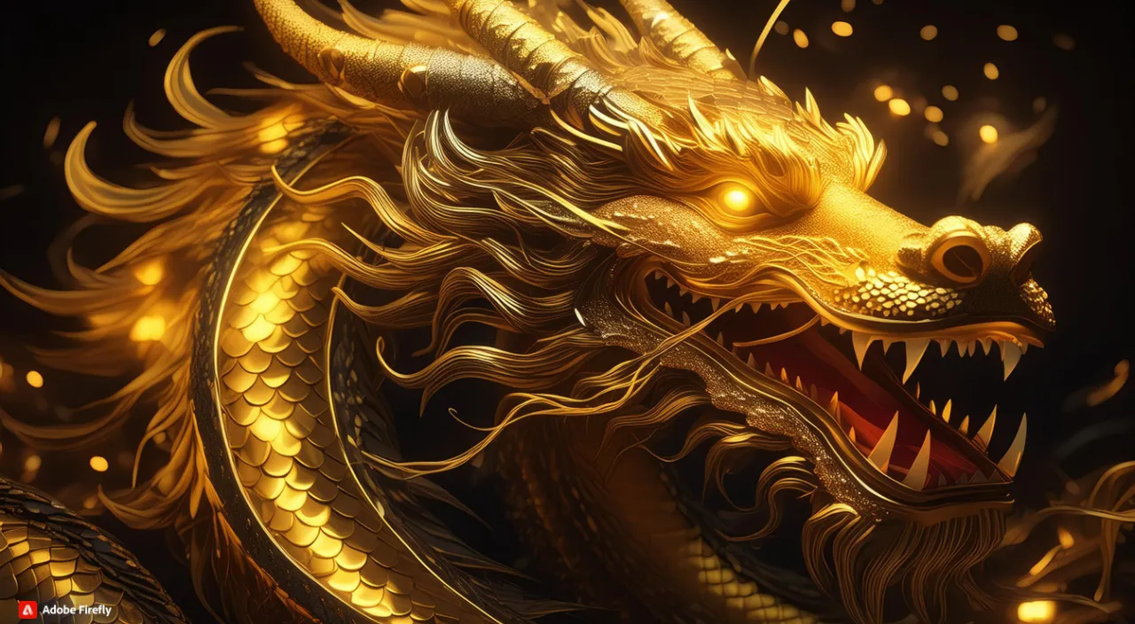 a golden dragon with its mouth open and glowing eyes