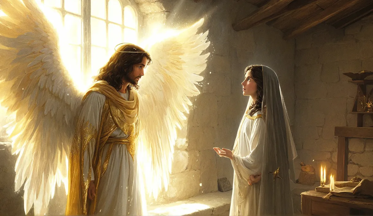 a painting of an angel and a woman in a room