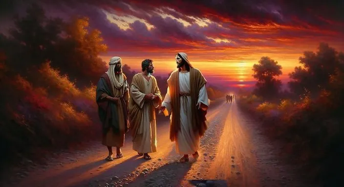 a painting of three men walking down a dirt road