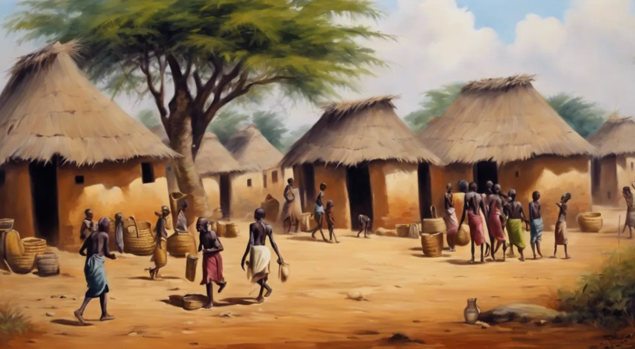 a painting of a village with people walking around