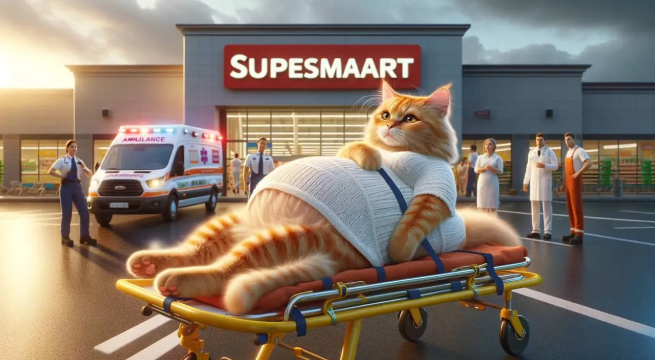 a cat sitting on top of a cart in front of a store