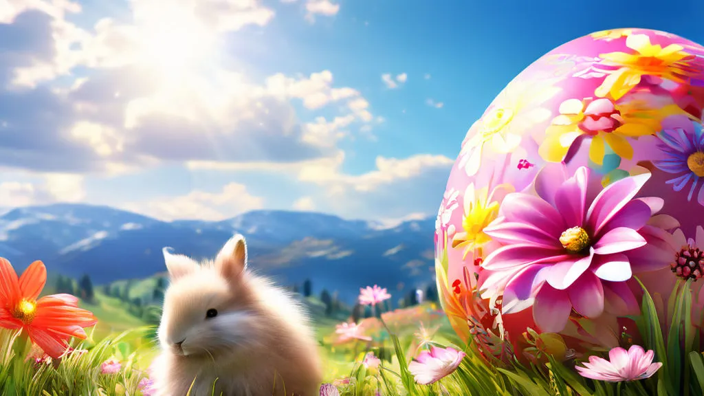 a bunny sitting in the grass next to some flowers, glass egg