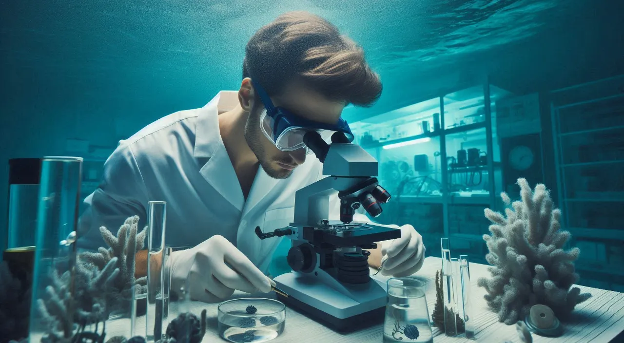 a man in white lab coat looking through a microscope and talking himself