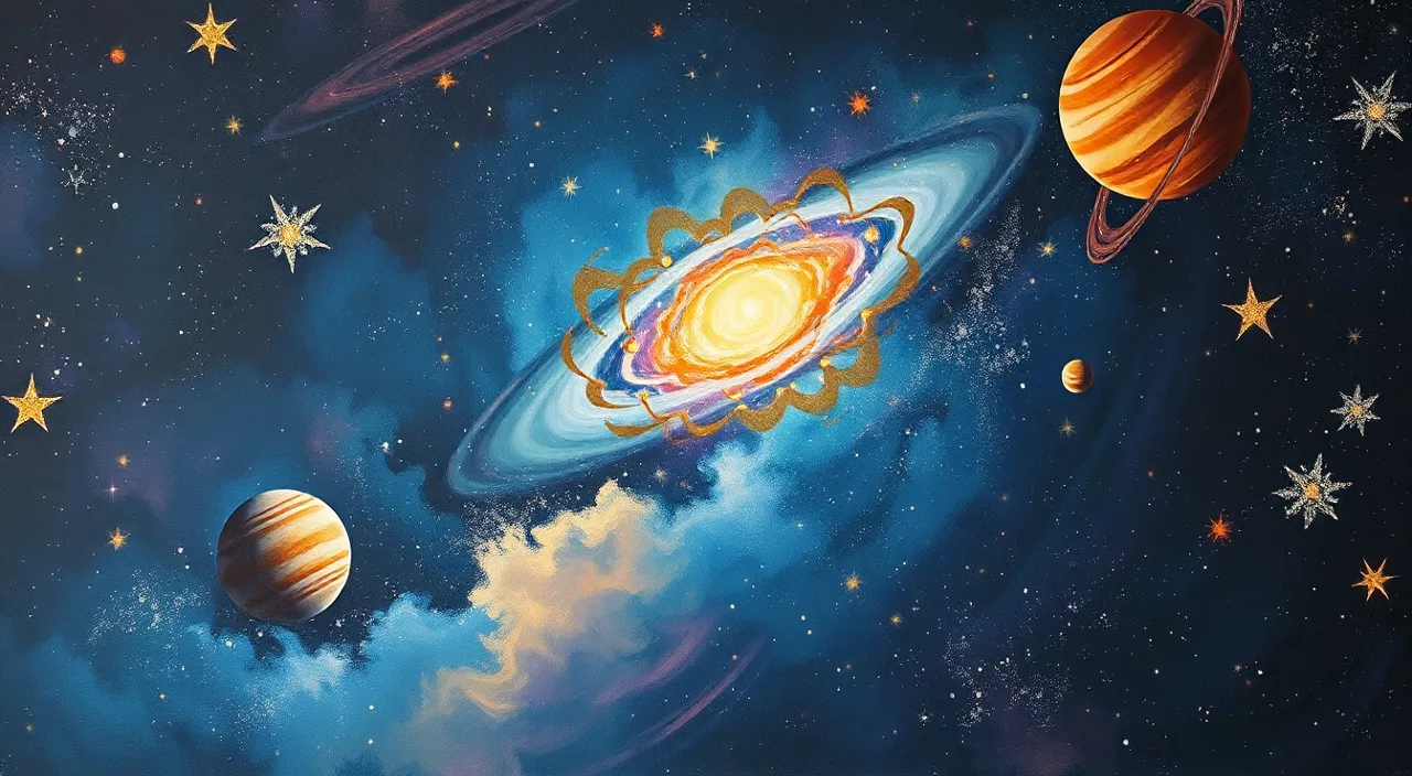 a painting of planets and stars in the sky