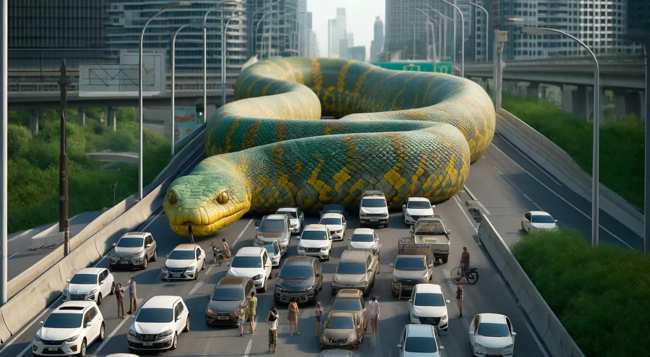 a giant snake on the side of a highway