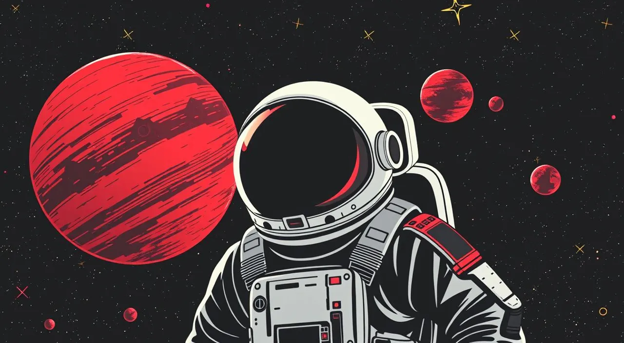 astronaut, font, astronomical object, red, space, science, art, personal protective equipment, illustration, circle