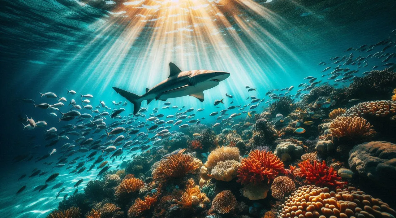 a shark swims over a colorful coral reef