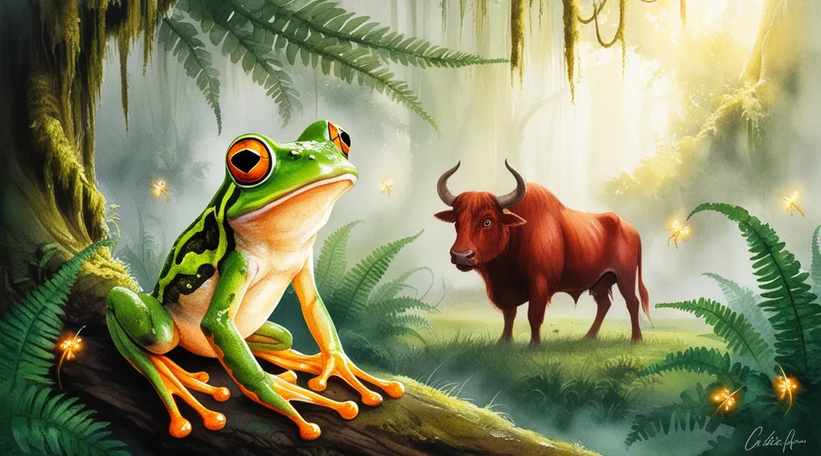 a painting of a frog and a bull in a forest