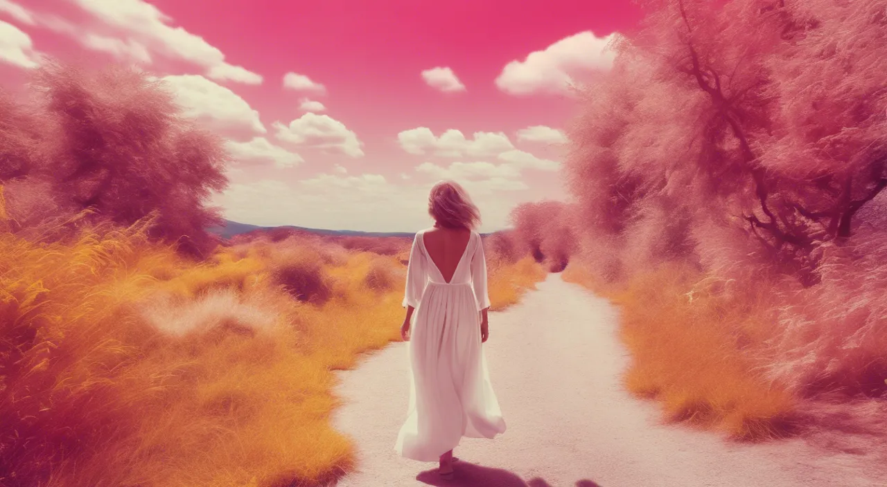 a woman in a white dress walking down a dirt road