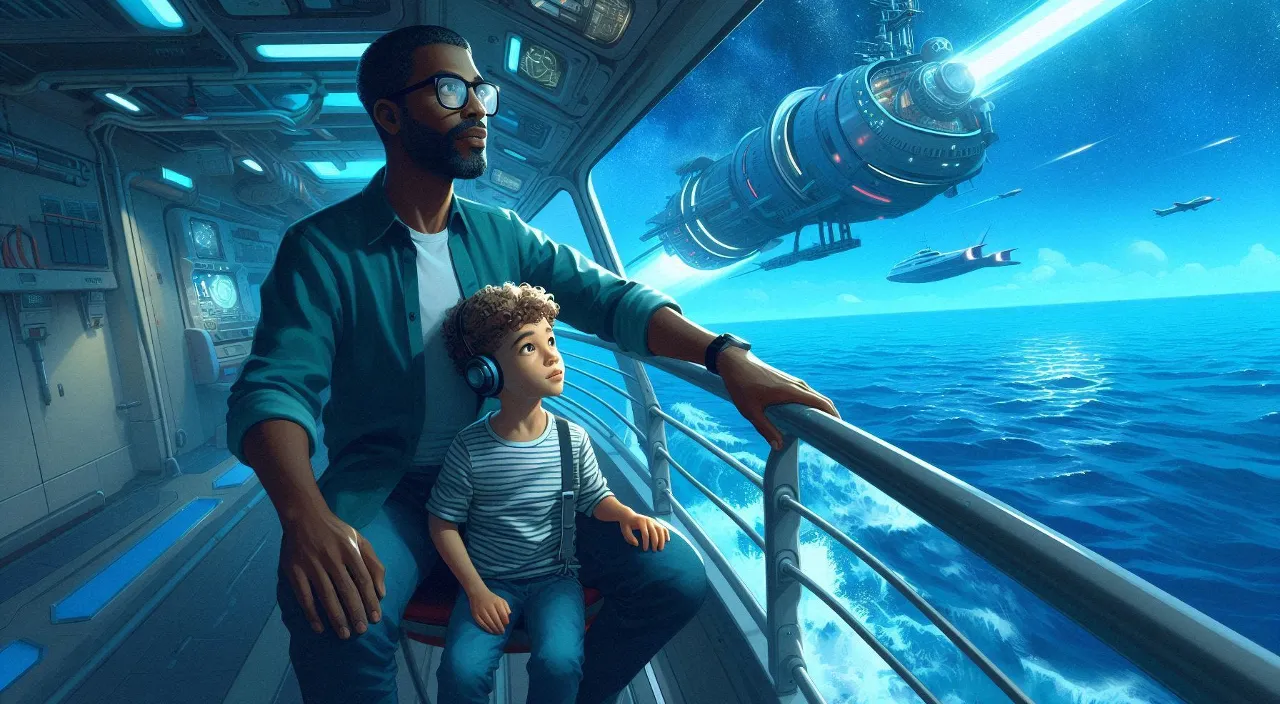 a boy and his scientist father talking on a deck of a modern ship