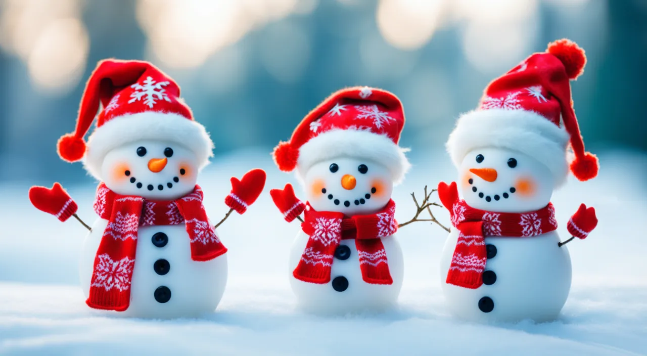 three snowmen wearing hats and scarfs in the snow