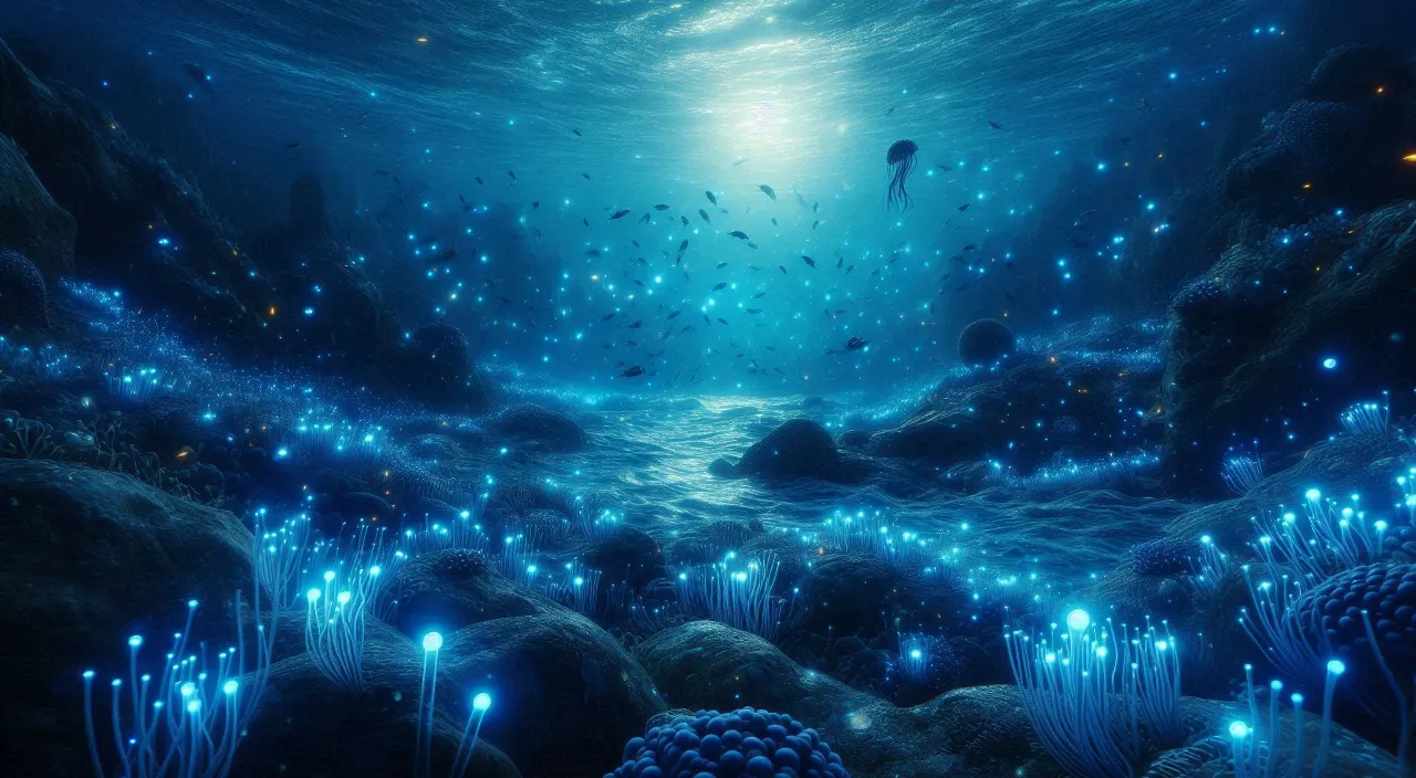 an underwater scene with blue lights and bubbles