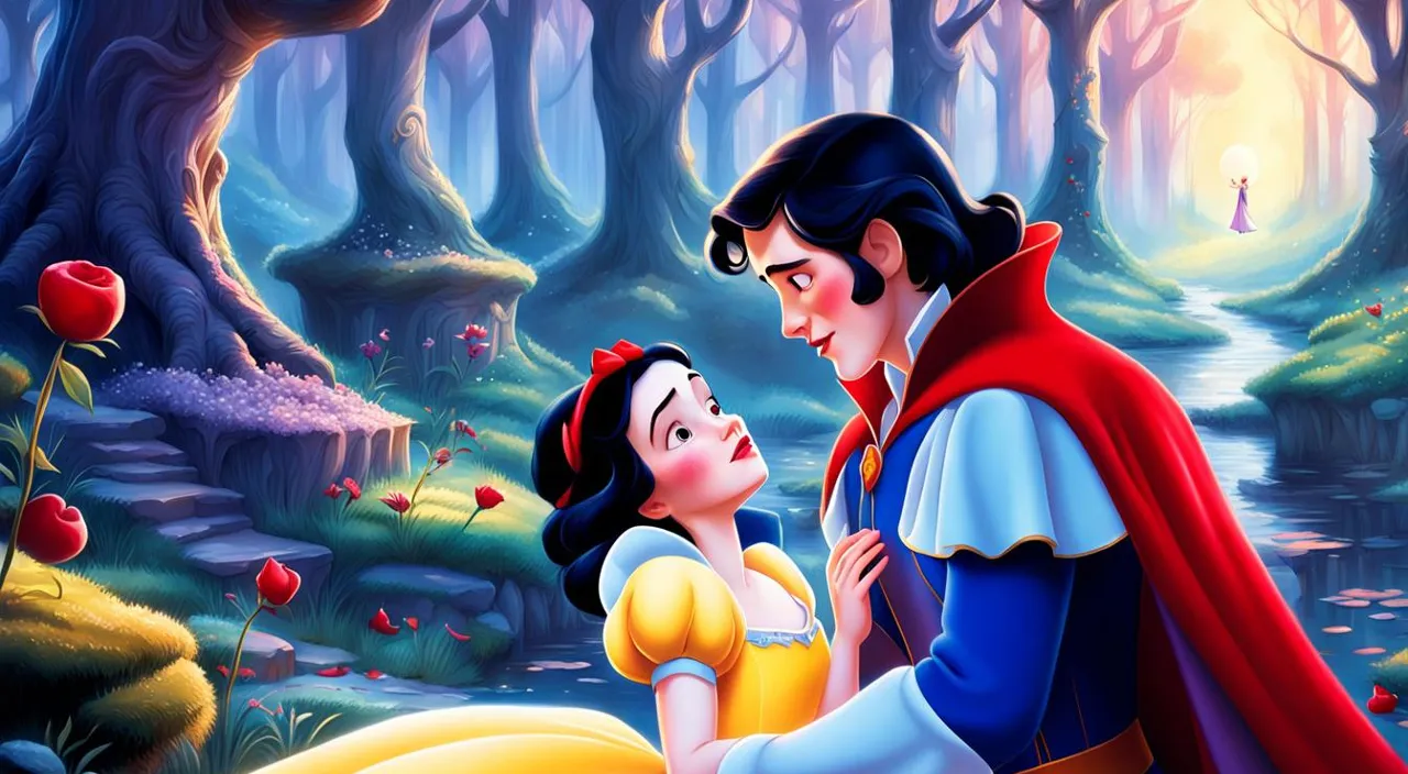 a painting of snow and prince in the woods