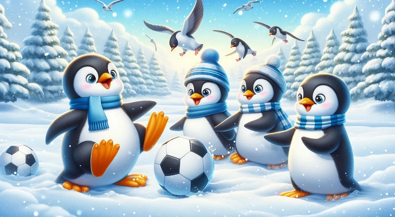 a group of penguins playing soccer in the snow