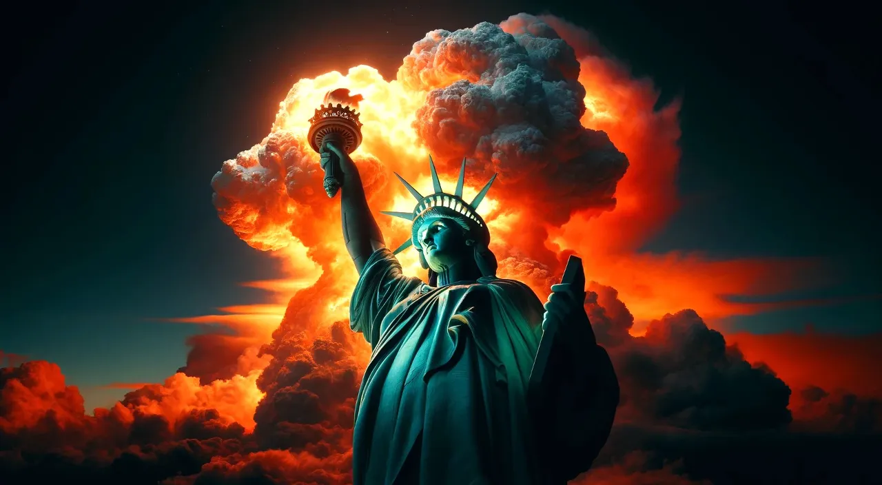 a statue of liberty holding a torch in the sky