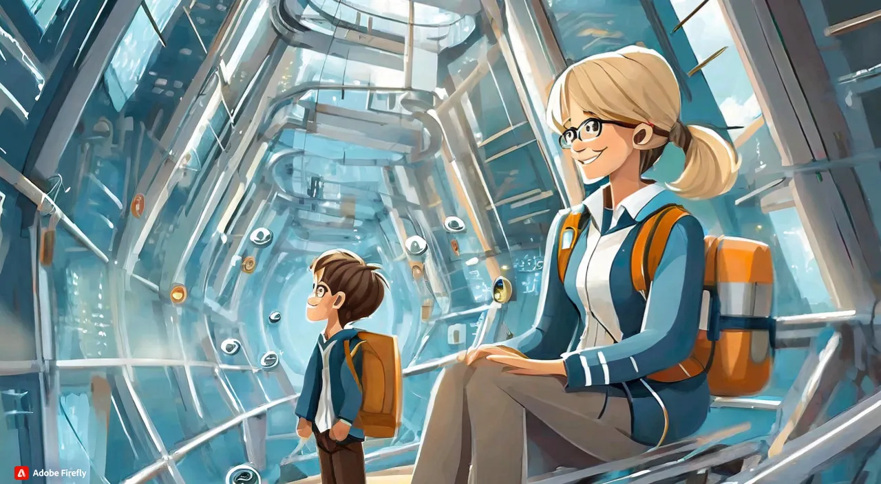 a woman and a boy are sitting in a space station