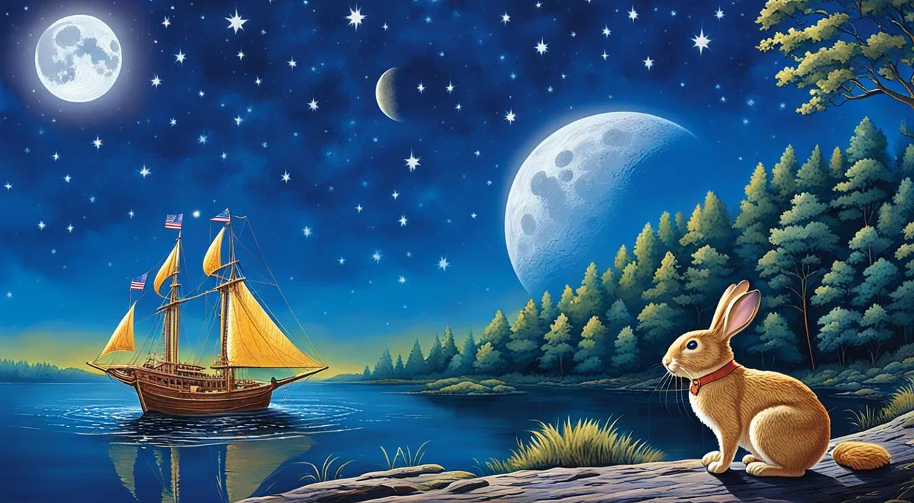 a painting of a rabbit looking at a ship