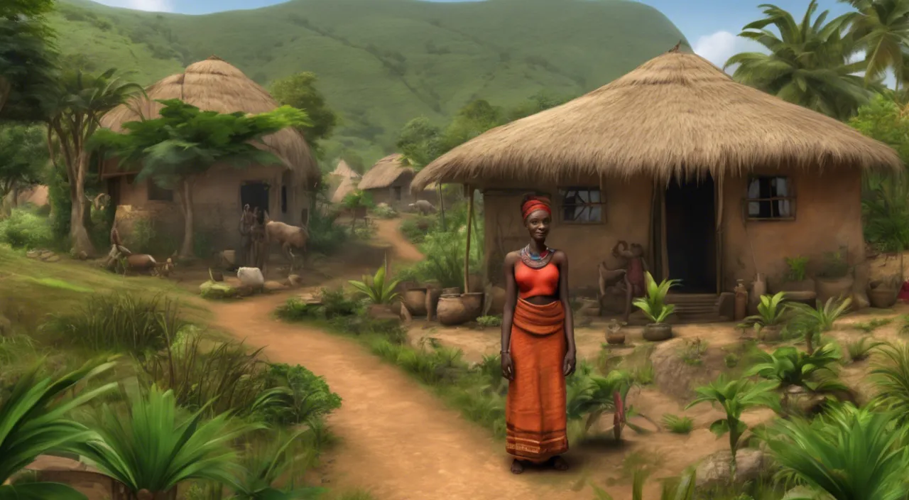 a woman in a red dress standing in front of a hut