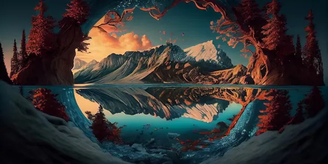 a painting of a mountain lake surrounded by trees