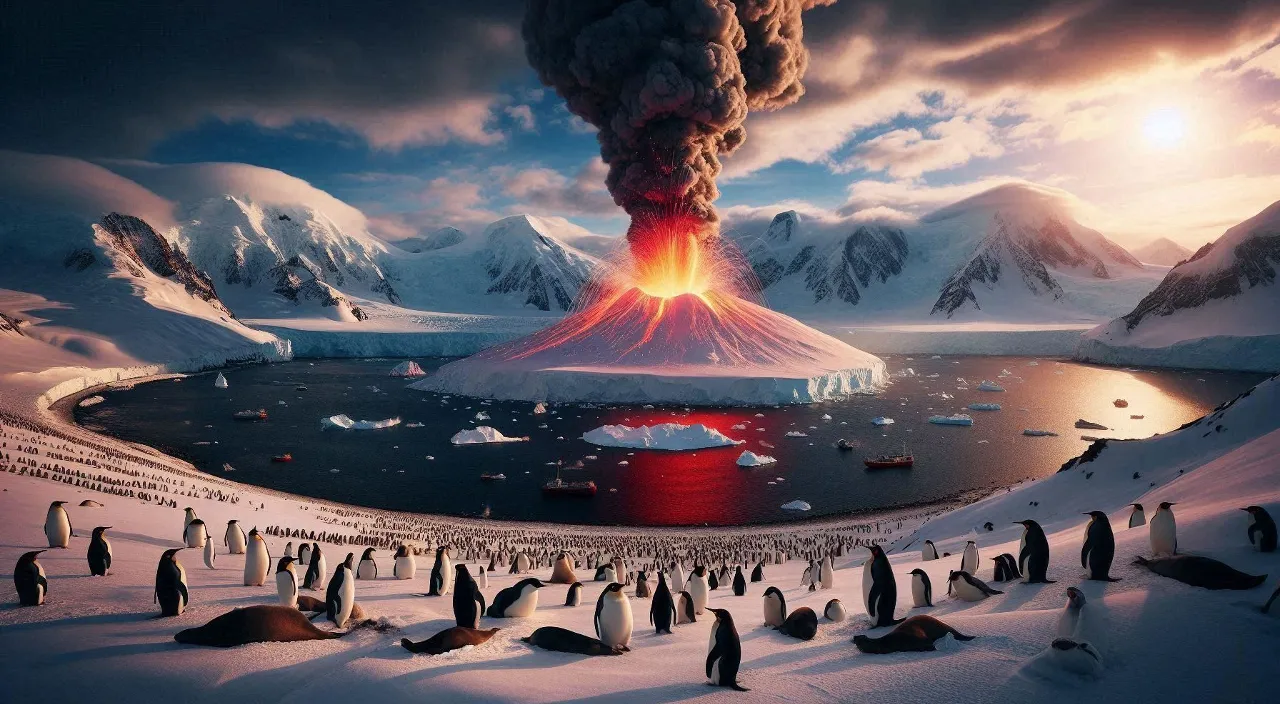 a group of penguins standing in front of a volcano