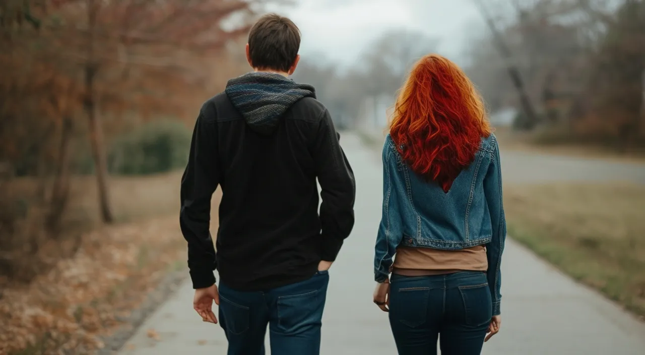 image of man and woman walking away from each other, with sad looks and broken hearts