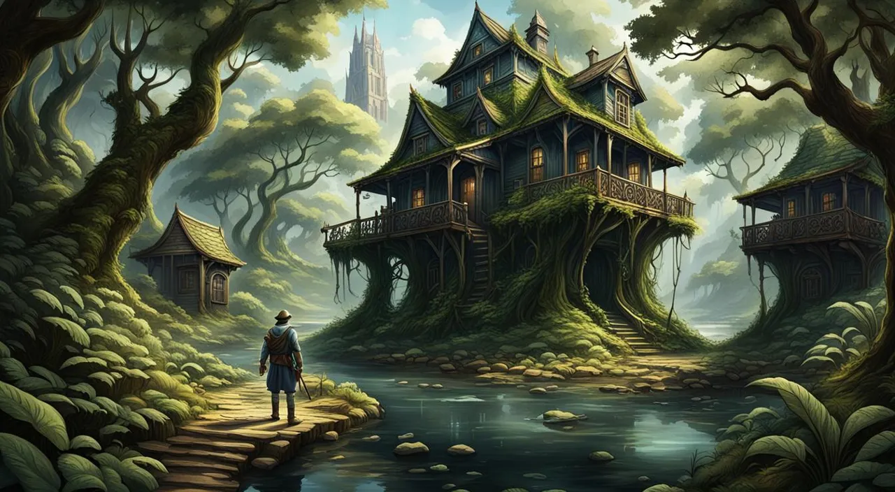 a painting of a man standing in front of a tree house