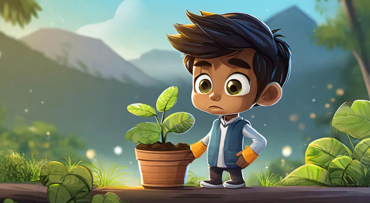 a cartoon character holding a potted plant