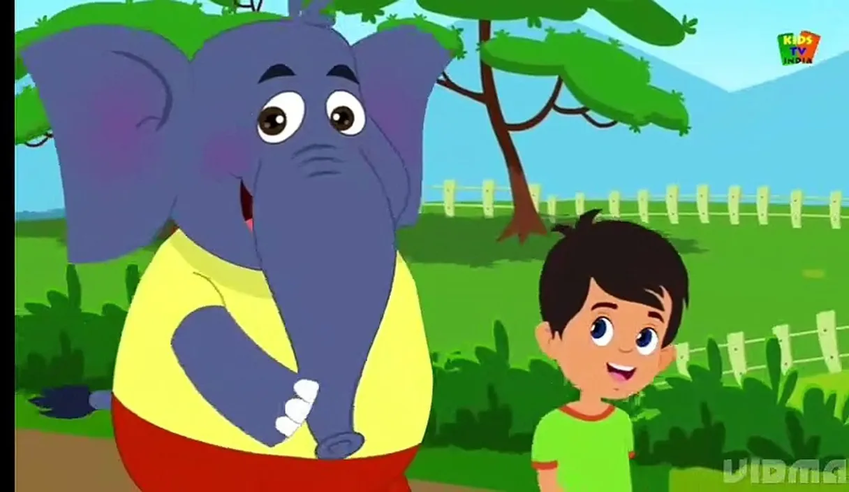 cartoon, facial expression, elephant walking with a kid with shaking trunk