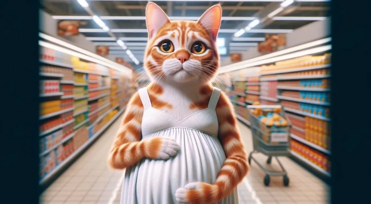 a cat in a dress standing in a grocery store aisle