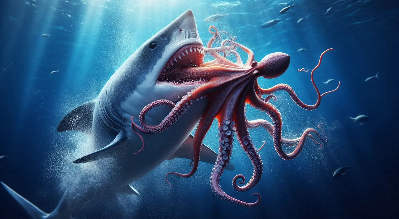 a shark is attack to an octopus