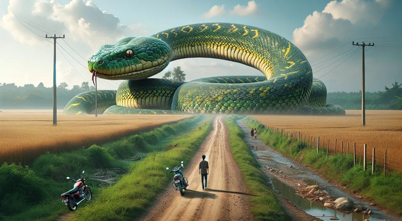 a painting of a giant snake on a dirt road