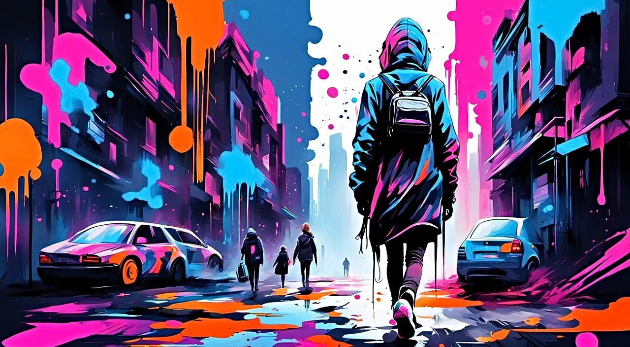 a painting of a person walking down a city street