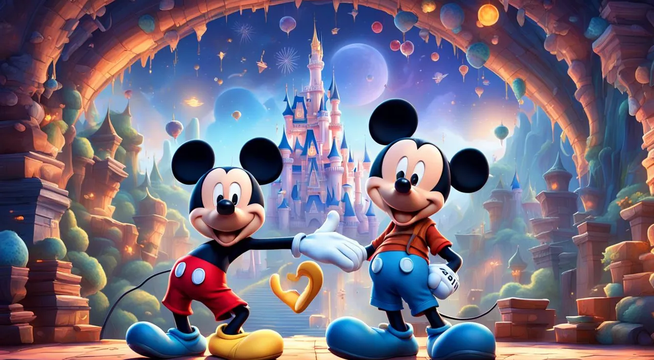 mickey and mickey mouse in front of a castle