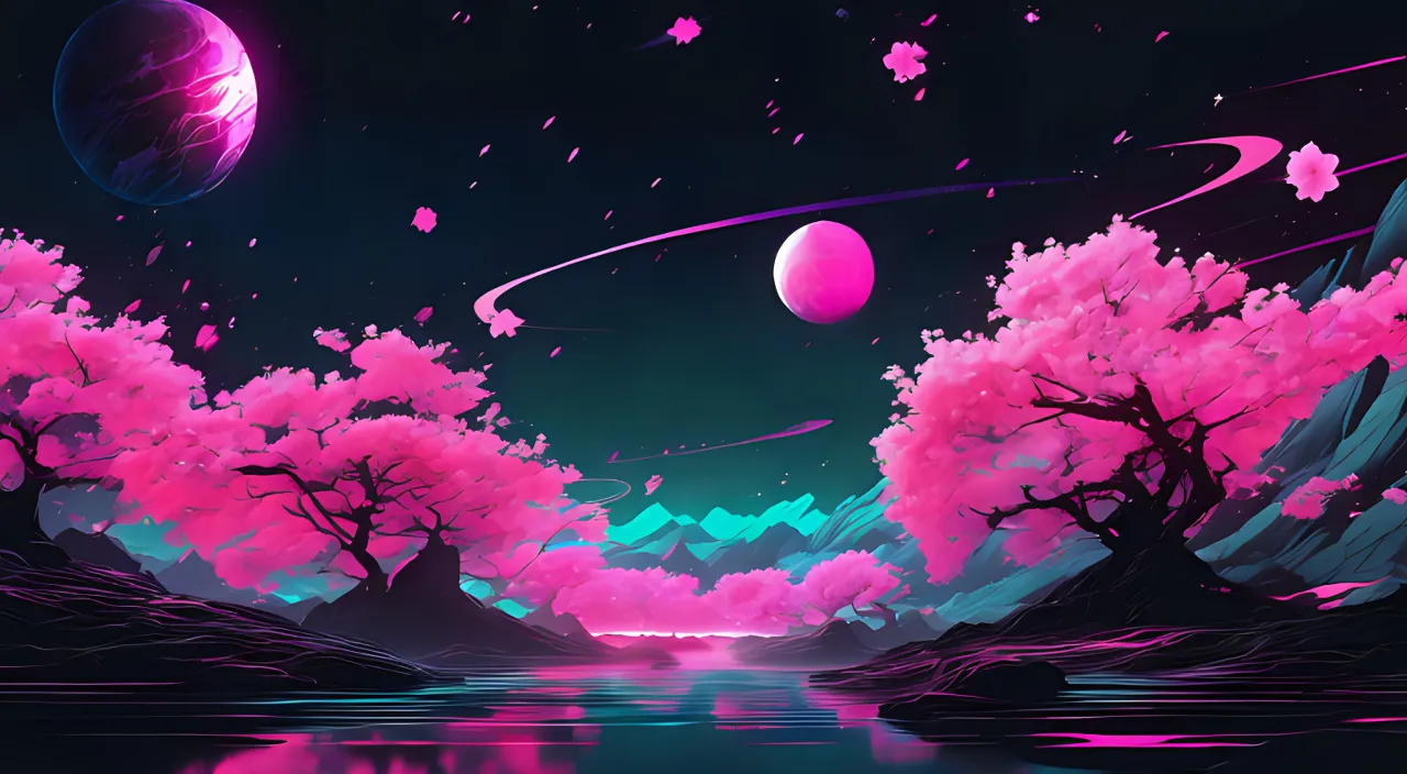 a painting of pink cherry blossom trees and planets in the sky over a stream down the middle