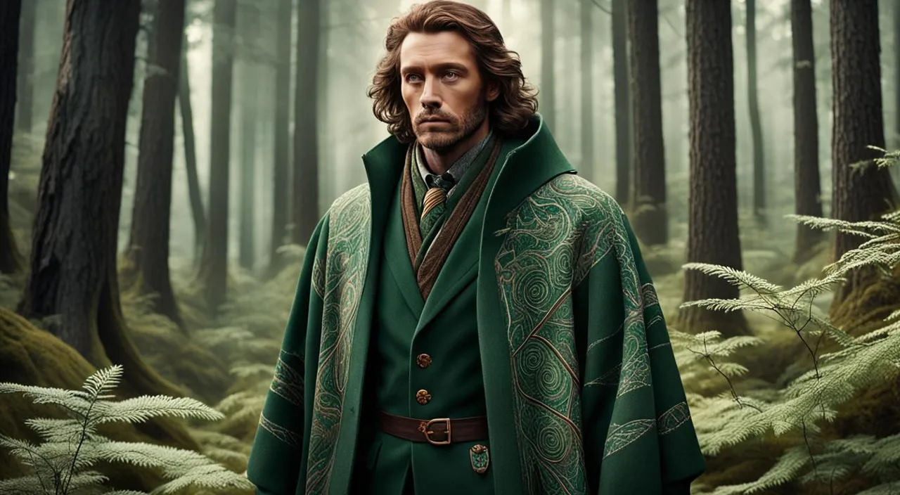 a man in a green coat standing in a forest