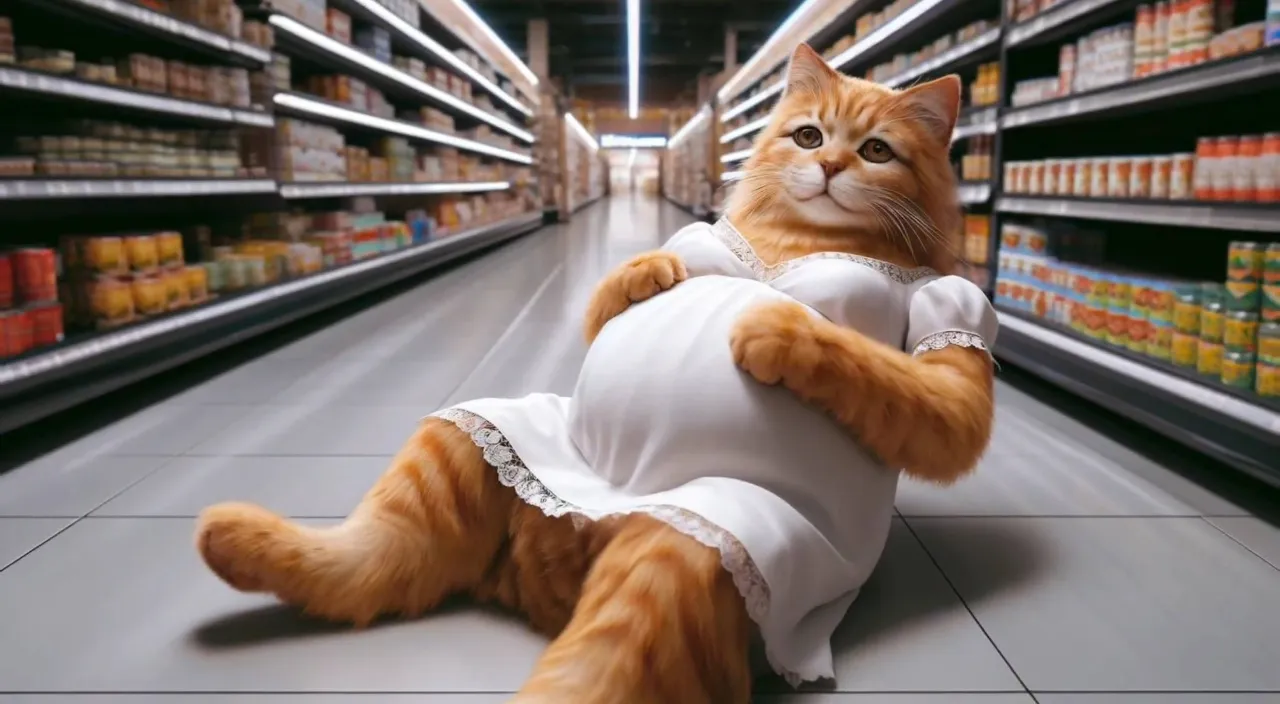 a cat in a dress sitting on the floor in a grocery store aisle