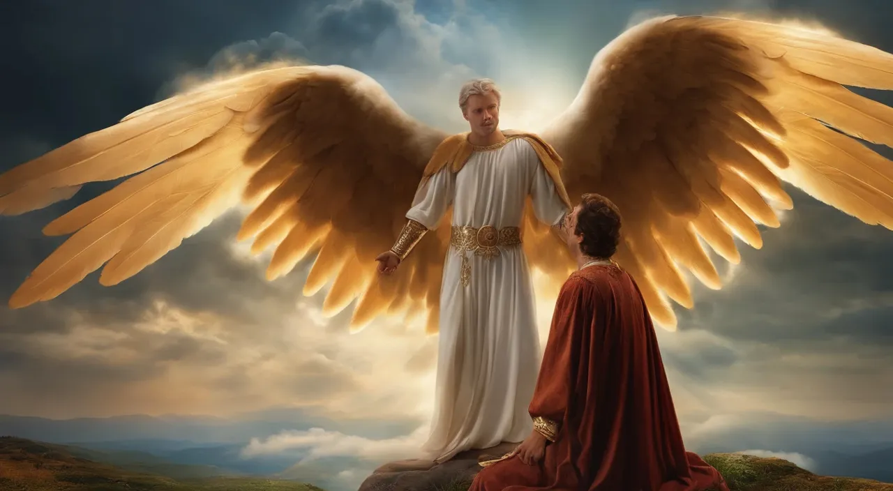 a painting of an angel standing next to a man