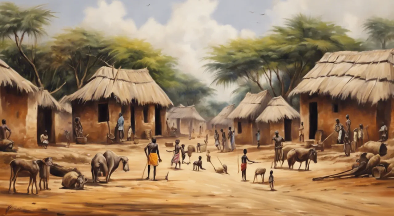 a painting of a village with people and animals