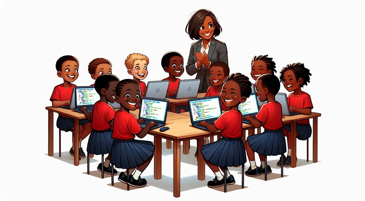 a group of children sitting at desks with laptops