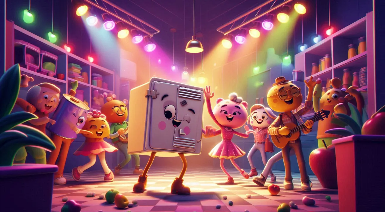 a group of cartoon characters standing in front of a refrigerator