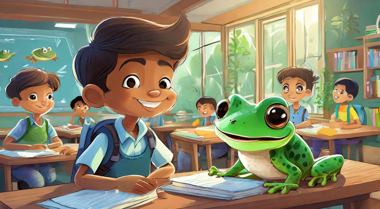 a boy sitting at a desk with a frog in front of him