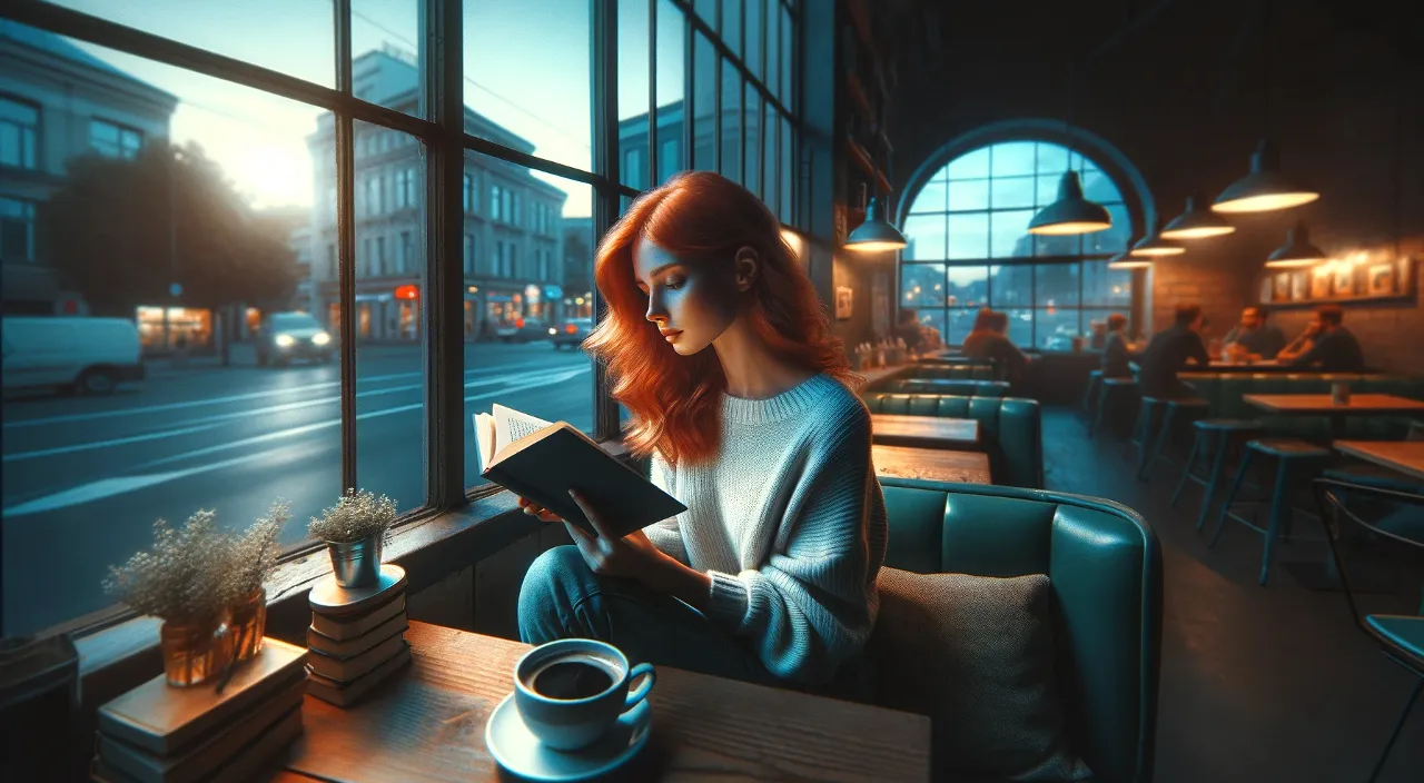 a woman sitting at a table reading a book