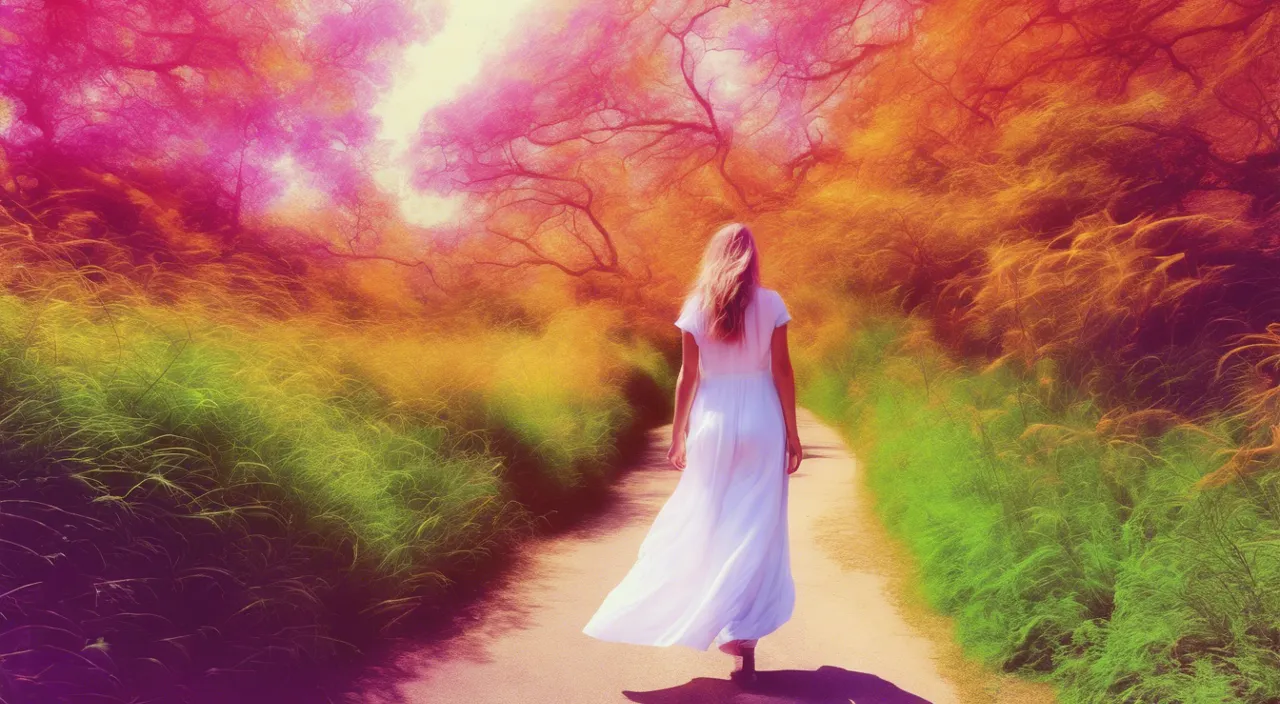 a woman in a white dress is walking down a path