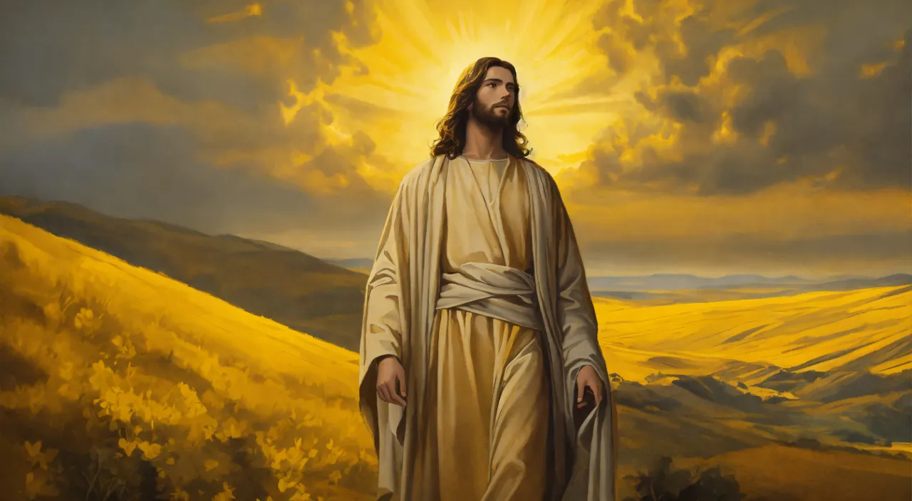 a painting of jesus standing in a field